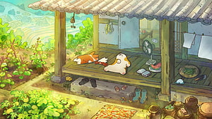 Cute Corgi Dogs Relaxing on a Traditional Wooden Porch in a Peaceful Garden HD wallpaper