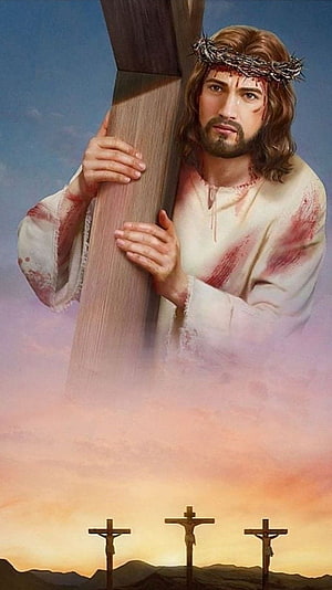 Jesus Christ Carrying the Cross with Crown of Thorns and Calvary Silhouette HD phone wallpaper