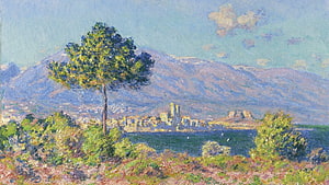 Impressionist Coastal Landscape with Solitary Tree and Distant Town HD wallpaper