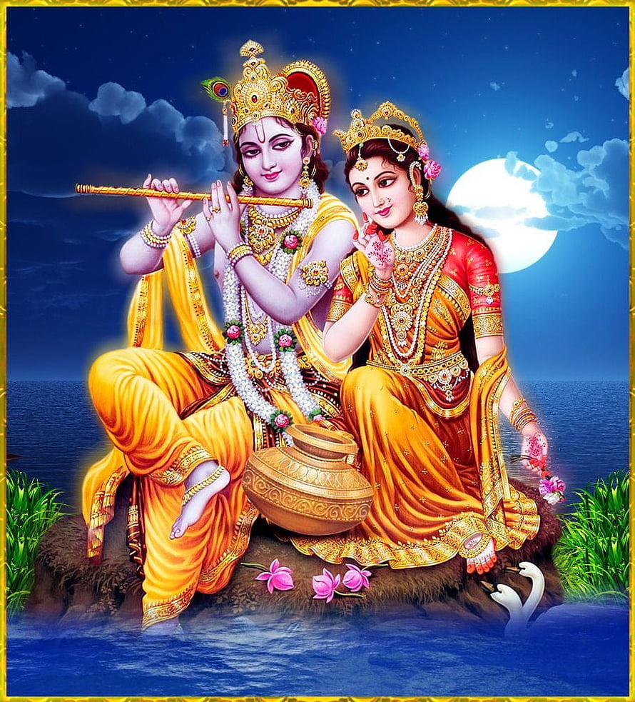 Radha Krishna Playing Flute Under Full Moon With Lotus Flowers and Swan HD phone wallpaper