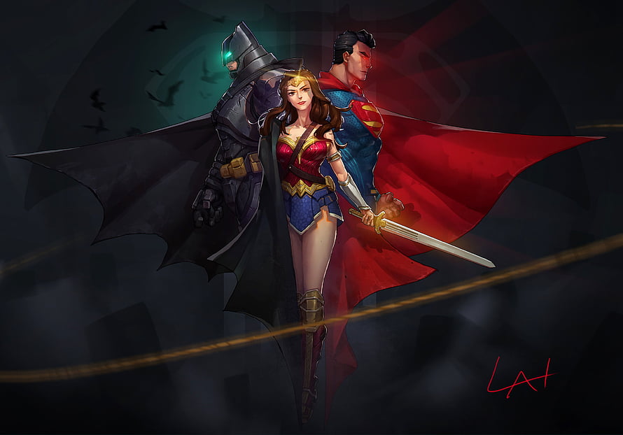 Justice League Trio: Wonder Woman, Batman, and Superman in Dramatic Digital Art HD wallpaper