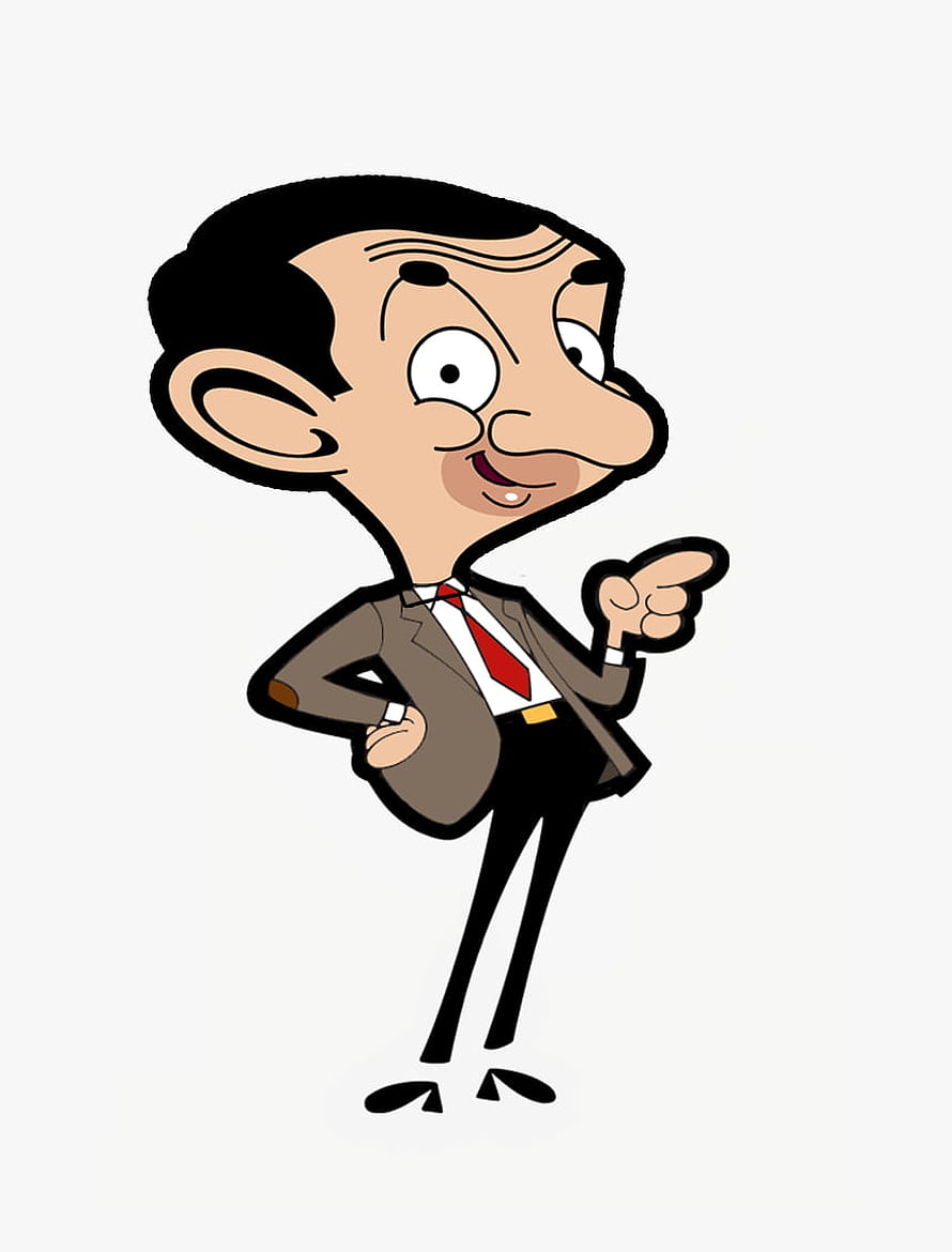 Mr Bean Cartoon Character Pointing in Brown Suit and Red Tie HD phone wallpaper