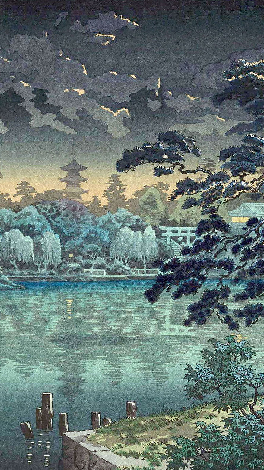 Traditional Japanese Ukiyo-e Landscape with Pagoda, Torii Gate, and Lake at Dusk HD phone wallpaper