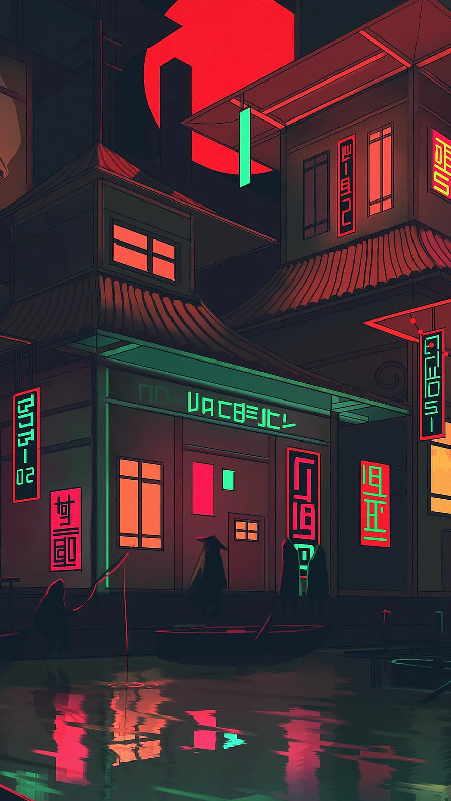 Japanese Style Neon Shallows: Cyberpunk Cityscape with Glowing Signs and Water Reflections HD phone wallpaper