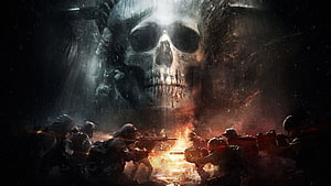 Tom Clancy's The Division soldiers firing weapons beneath a massive glowing skull in dark battlefield HD wallpaper