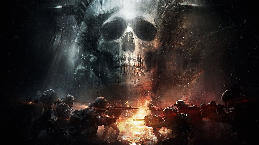 Tom Clancy's The Division soldiers firing weapons beneath a massive glowing skull in dark battlefield HD wallpaper