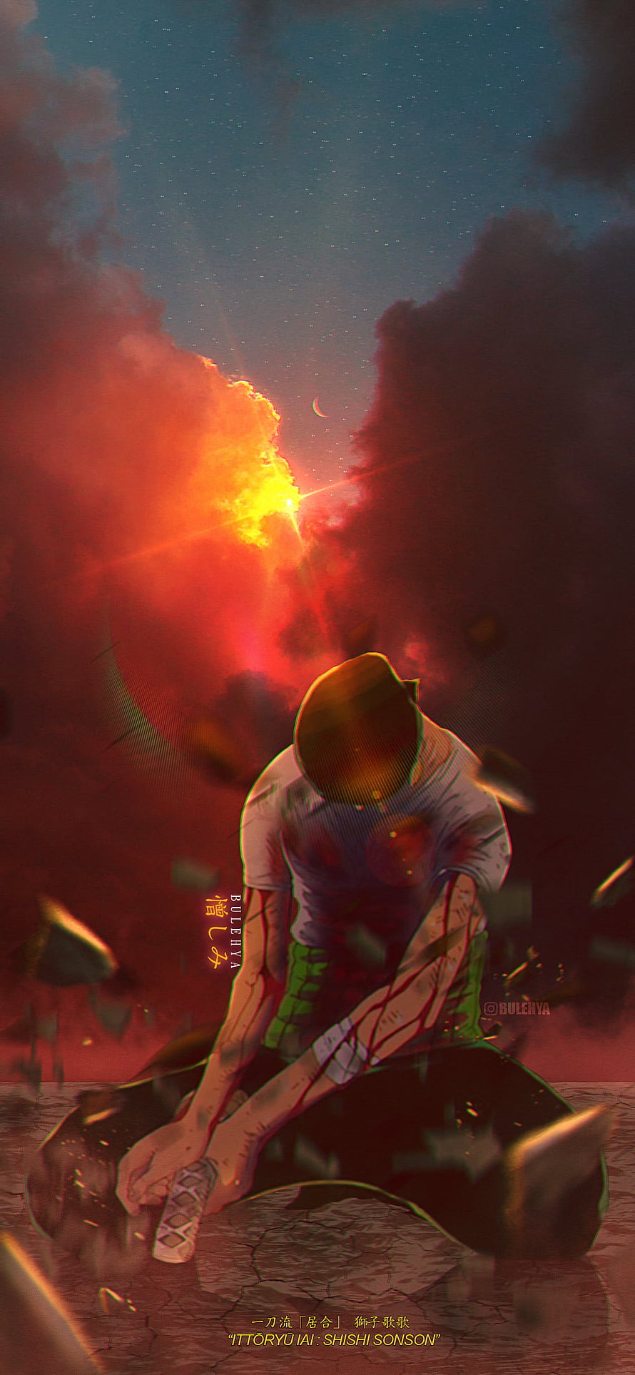 Roronoa Zoro Kneeling in Wano with Sword Under Dramatic Red Sky HD phone wallpaper