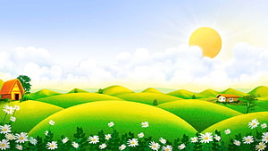 Pastoral Cartoon Landscape With Rolling Green Hills, Cottages, And Daisies Under A Bright Sun HD wallpaper
