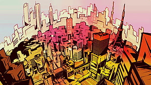 Persona 5 Cityscape Illustration with Tokyo Tower and Vibrant Comic Art Style HD wallpaper