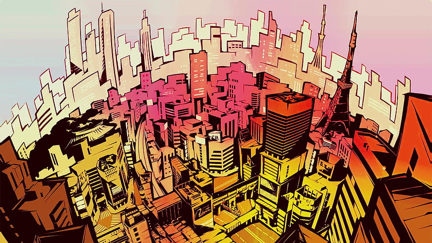 Persona 5 Cityscape Illustration with Tokyo Tower and Vibrant Comic Art Style HD wallpaper