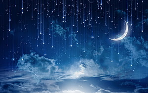 Crescent Moon and Star Trails Over Cloudy Night Sky HD wallpaper