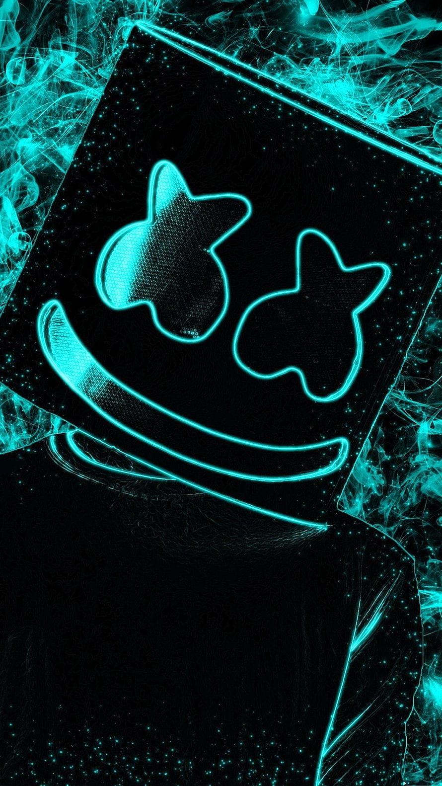 Neon Cyan Marshmello Mask with Glowing Smoke and Starry Background HD phone wallpaper