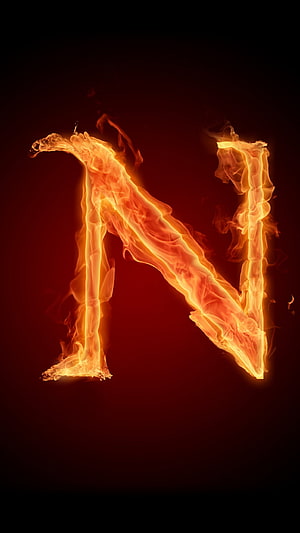 Burning Letter N Flame Typography on Dark Red Background HD phone wallpaper