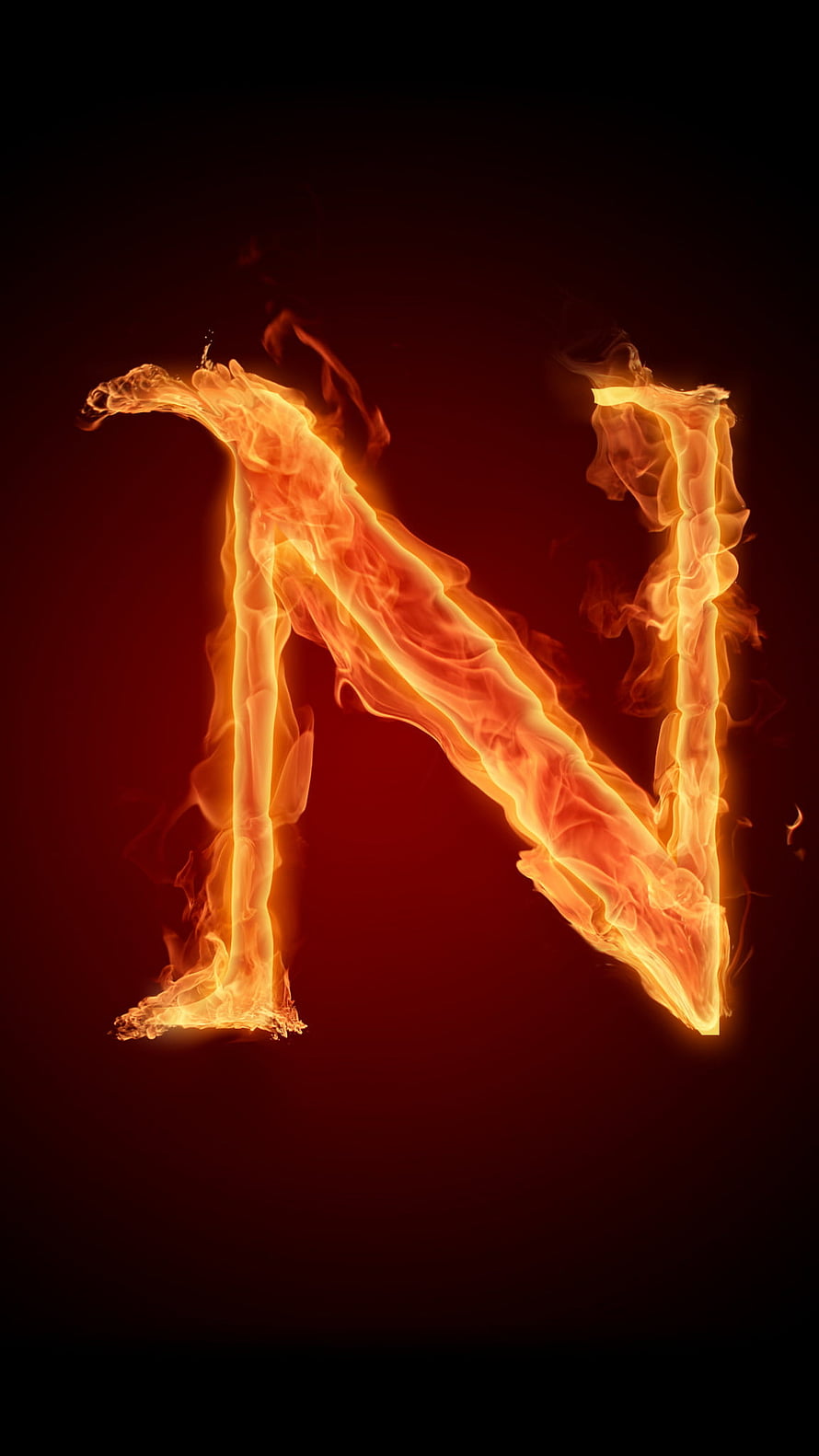Burning Letter N Flame Typography on Dark Red Background HD phone wallpaper