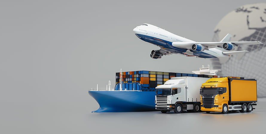 Global Logistics Concept Featuring Cargo Ship, Trucks, and Airplane with Globe Background HD wallpaper