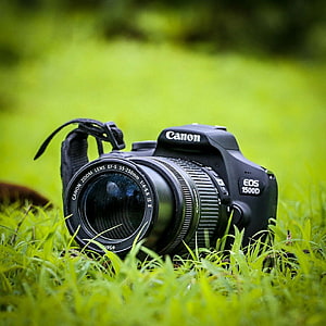 Canon EOS 1500D DSLR camera resting in vibrant green grass with shallow depth of field HD phone wallpaper