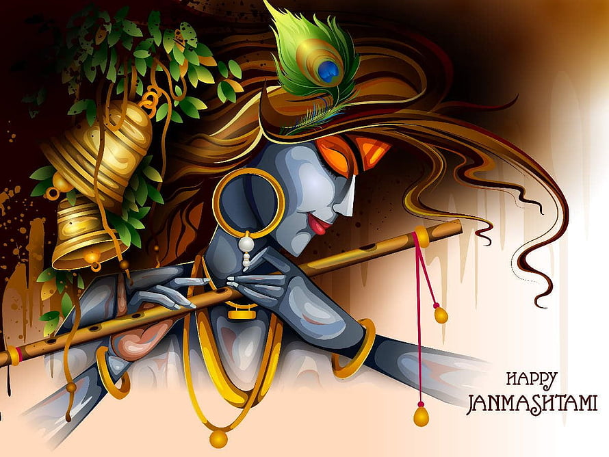 Stylized Krishna Illustration Playing Flute with Bells and Peacock Feather for Janmashtami HD wallpaper