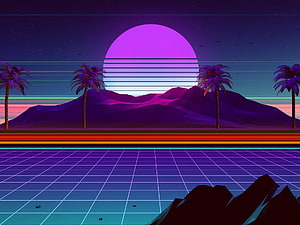 Neon Synthwave Sunset with Palm Trees and Retro Grid Landscape HD wallpaper