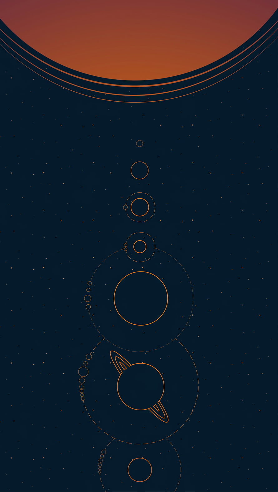 Minimalist Solar System Line Art with Orange Planets on Dark Navy Space Background HD phone wallpaper