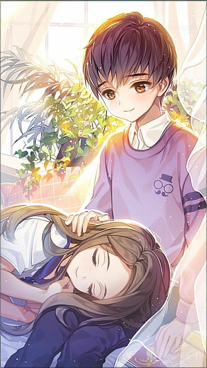 Tender Anime Couple Illustration with Soft Sunlight and Greenery HD phone wallpaper