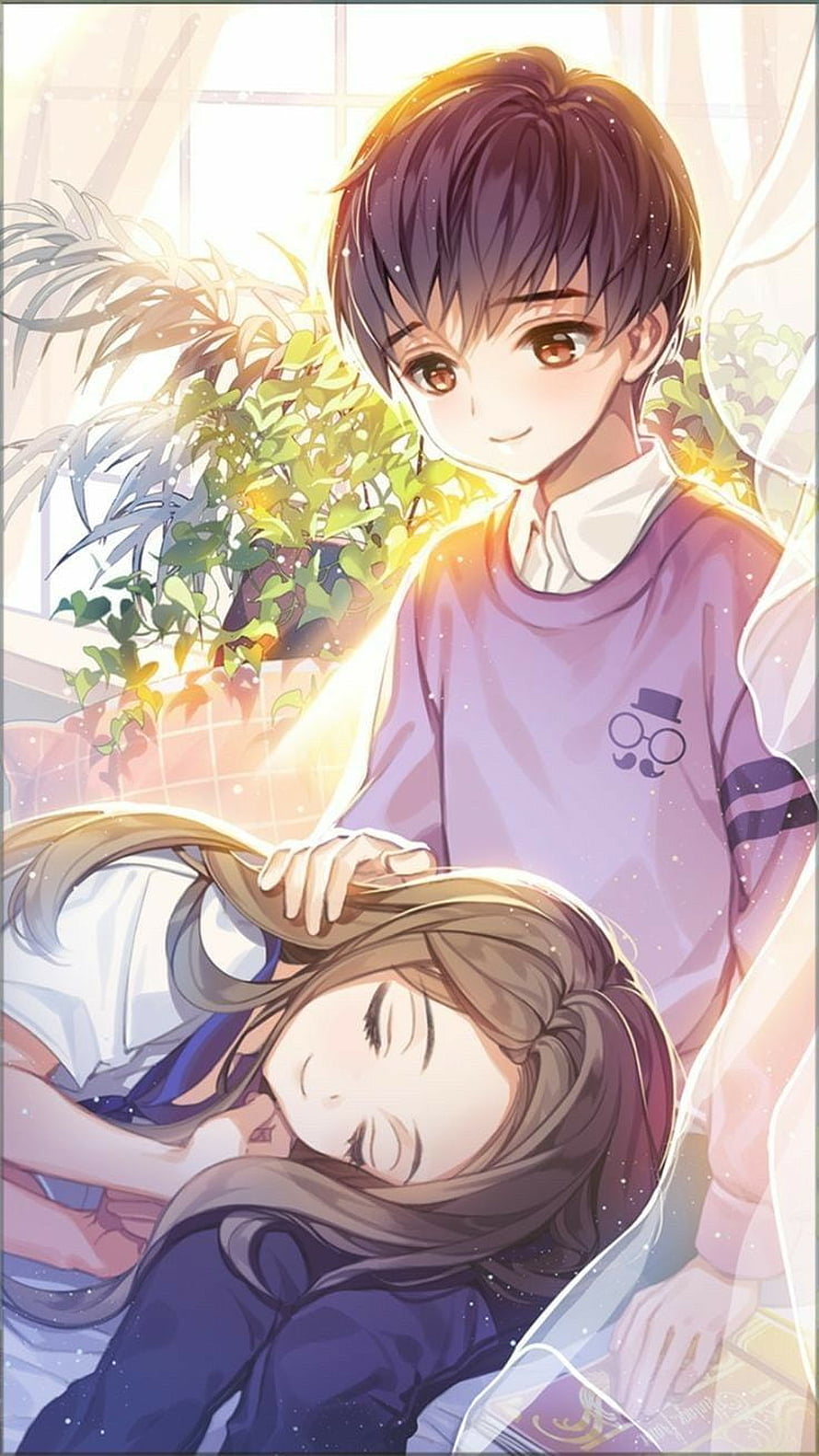 Tender Anime Couple Illustration with Soft Sunlight and Greenery HD phone wallpaper