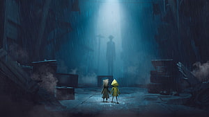 Little Nightmares 2 Concept Art of Two Children in a Rainy Industrial Ruin HD wallpaper