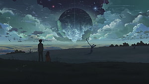 5 Centimeters Per Second Anime Scene: Silhouetted Figures Gazing at a Giant Moon Over a Misty Landscape HD wallpaper