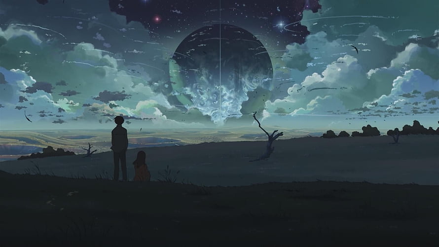 5 Centimeters Per Second Anime Scene: Silhouetted Figures Gazing at a Giant Moon Over a Misty Landscape HD wallpaper