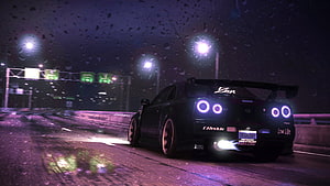Nissan Skyline GT-R Night Rain Scene with Purple Neon Glow and Wet Road Reflections HD wallpaper