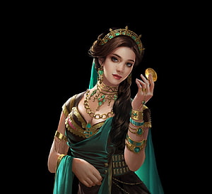 Fantasy Princess Character Art in Emerald and Gold Regalia HD wallpaper