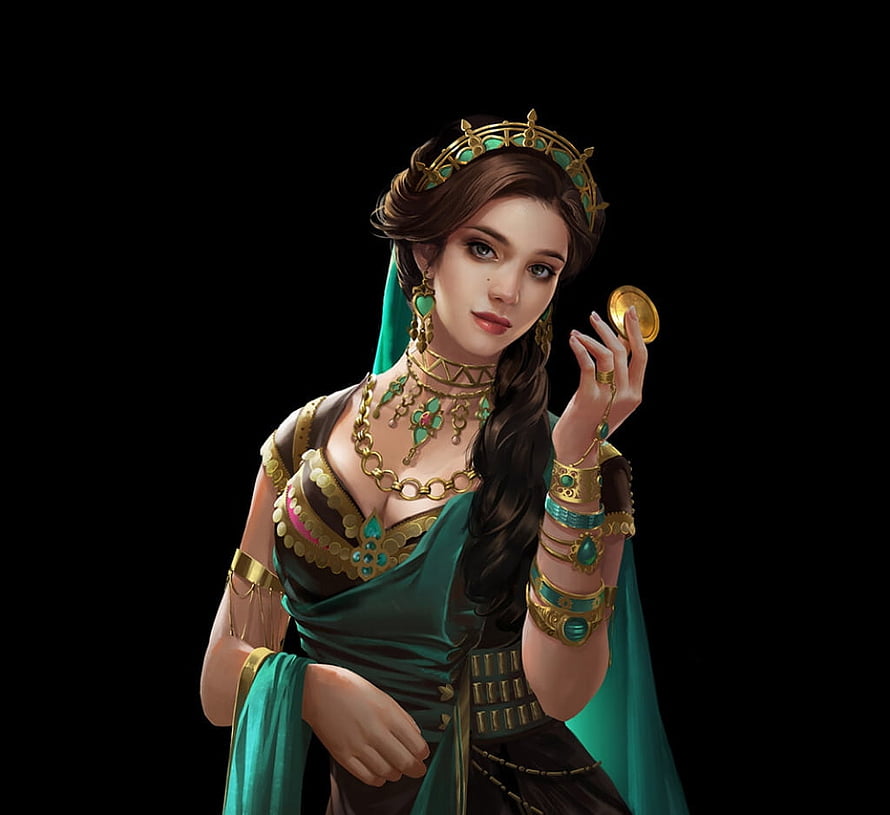 Fantasy Princess Character Art in Emerald and Gold Regalia HD wallpaper