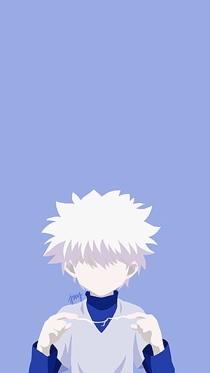 Killua Zoldyck Minimalist Anime Portrait with White Spiky Hair and Blue Turtleneck HD phone wallpaper
