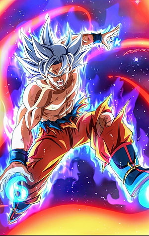 Goku Super Saiyan Blue Evolution Artwork with Energy Aura and Cosmic Background HD phone wallpaper