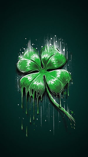 Grunge Four Leaf Clover with Dripping Green Paint on Dark Background HD phone wallpaper