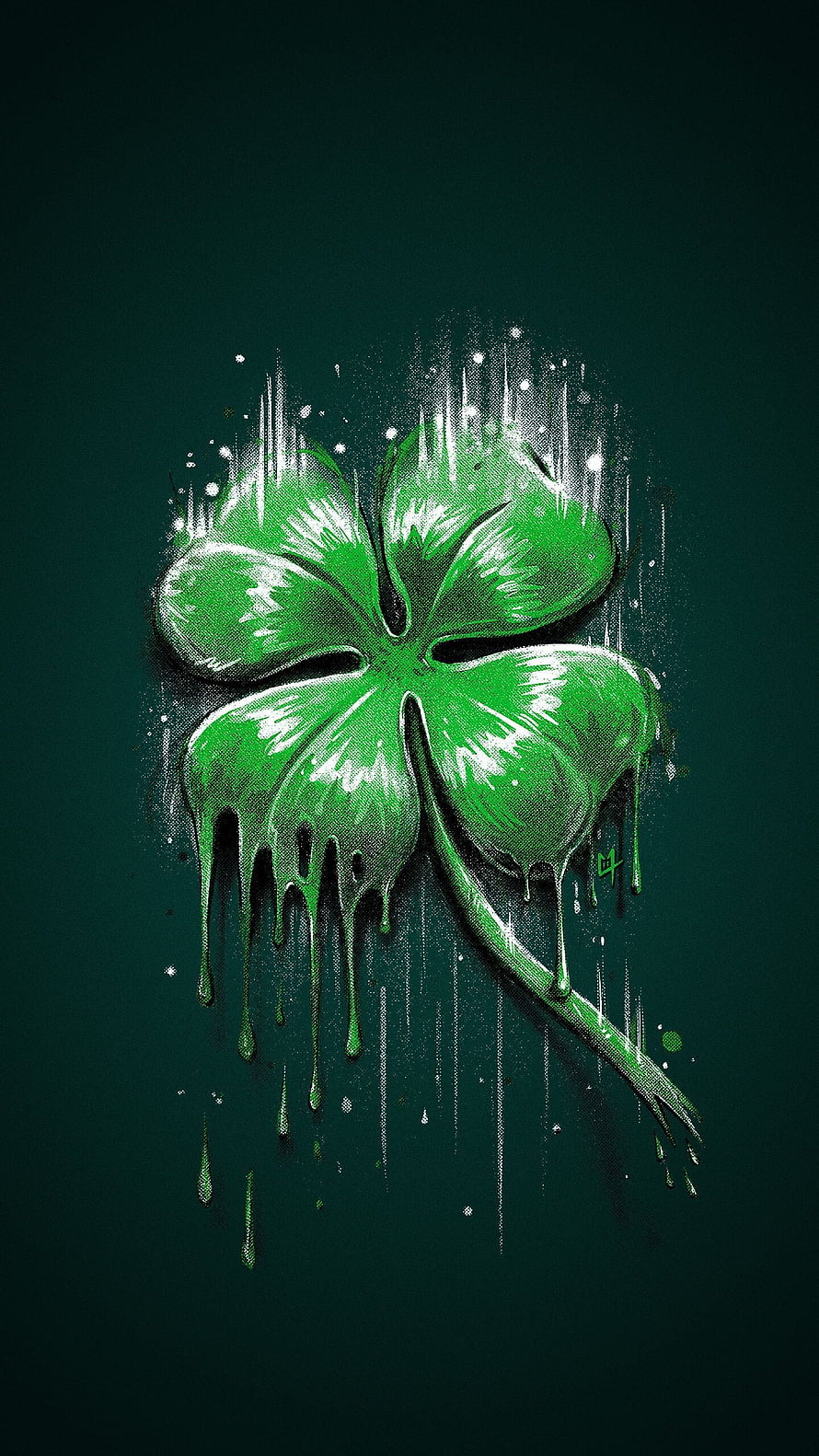 Grunge Four Leaf Clover with Dripping Green Paint on Dark Background HD phone wallpaper