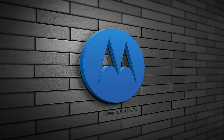 Motorola 3D Blue Logo Mounted on Dark Gray Brick Wall HD wallpaper