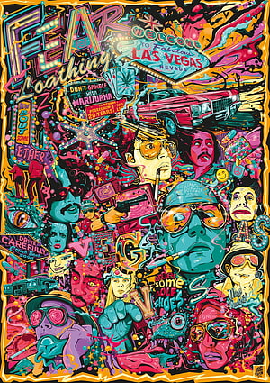 Fear and Loathing in Las Vegas Psychedelic Tribute Poster with Neon Faces and Vintage Cars HD phone wallpaper