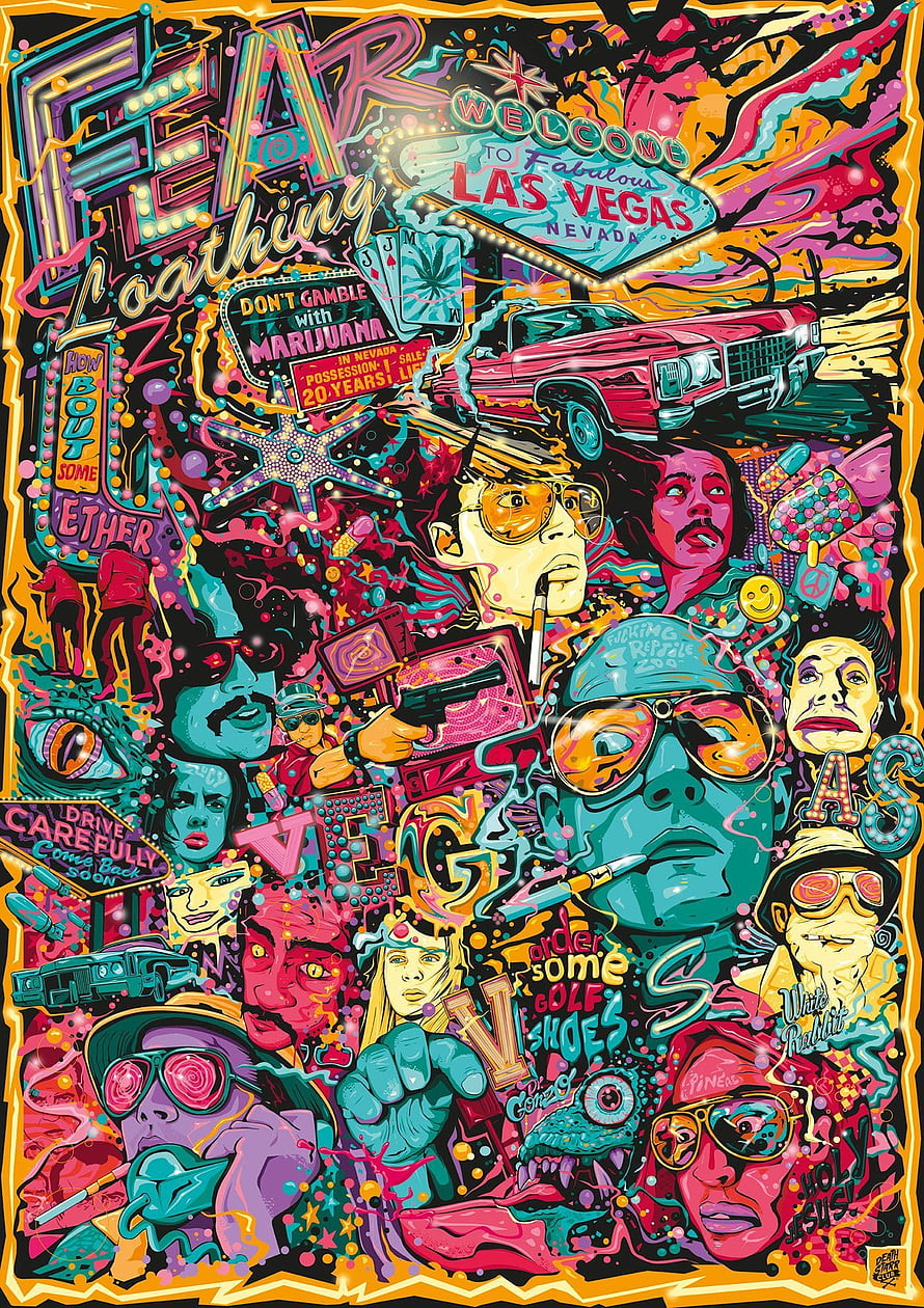 Fear and Loathing in Las Vegas Psychedelic Tribute Poster with Neon Faces and Vintage Cars HD phone wallpaper