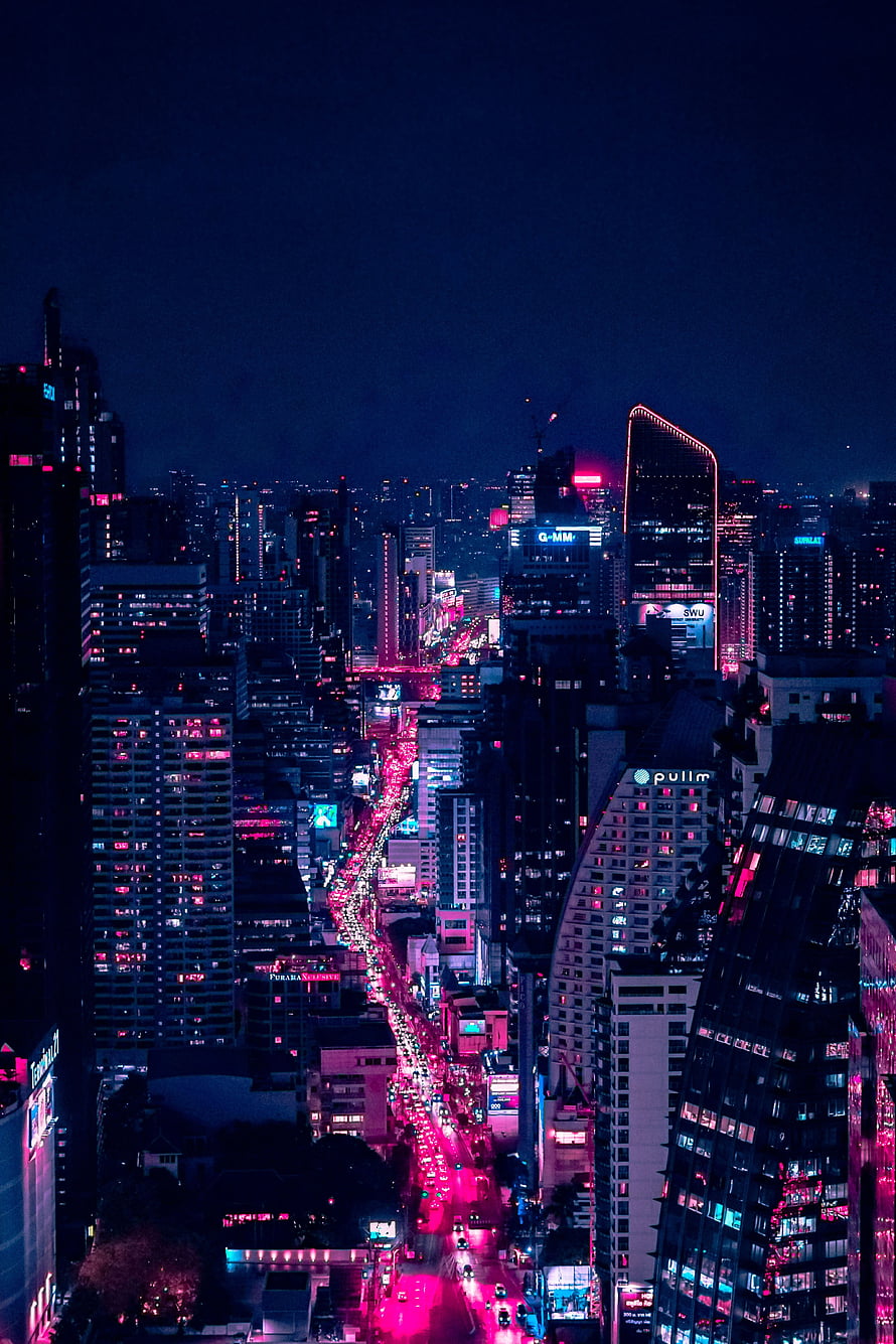 Aerial Night View of Bangkok Skyline with Neon City Lights and Traffic HD phone wallpaper