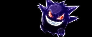 Gengar Ghost Type Pokemon with Glowing Red Eyes and Menacing Grin on Black Background HD wallpaper