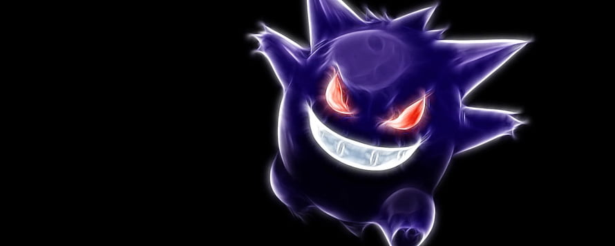 Gengar Ghost Type Pokemon with Glowing Red Eyes and Menacing Grin on Black Background HD wallpaper