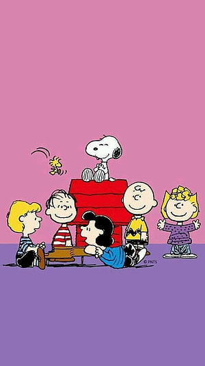 Peanuts Characters Gathering Around Snoopy's Red Doghouse on Pink Background HD phone wallpaper