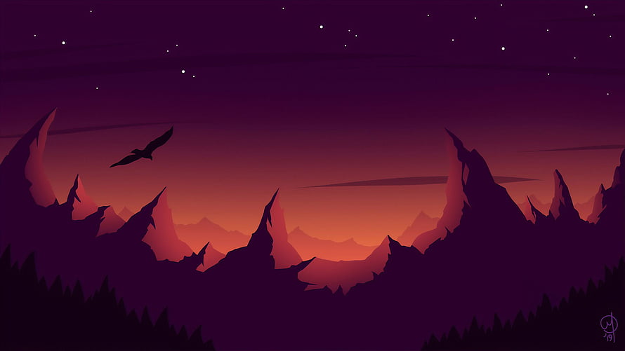 Minimalist Eagle Soaring Over Jagged Mountain Silhouettes at Dusk HD wallpaper