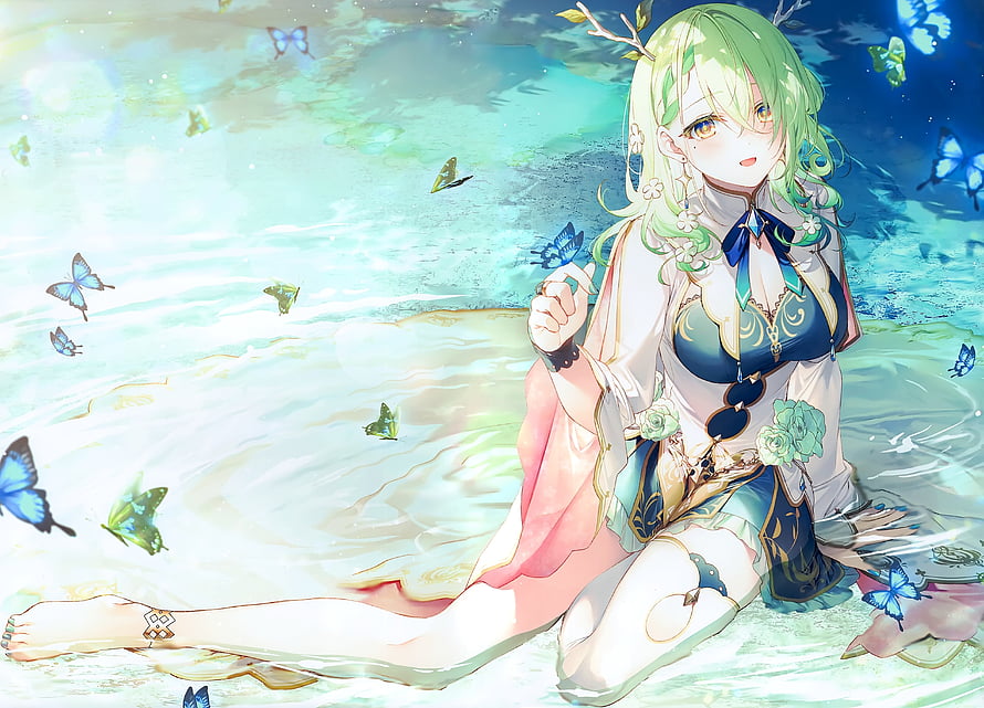 Fauna from Hololive Sitting in Shallow Water Surrounded by Blue Butterflies HD wallpaper