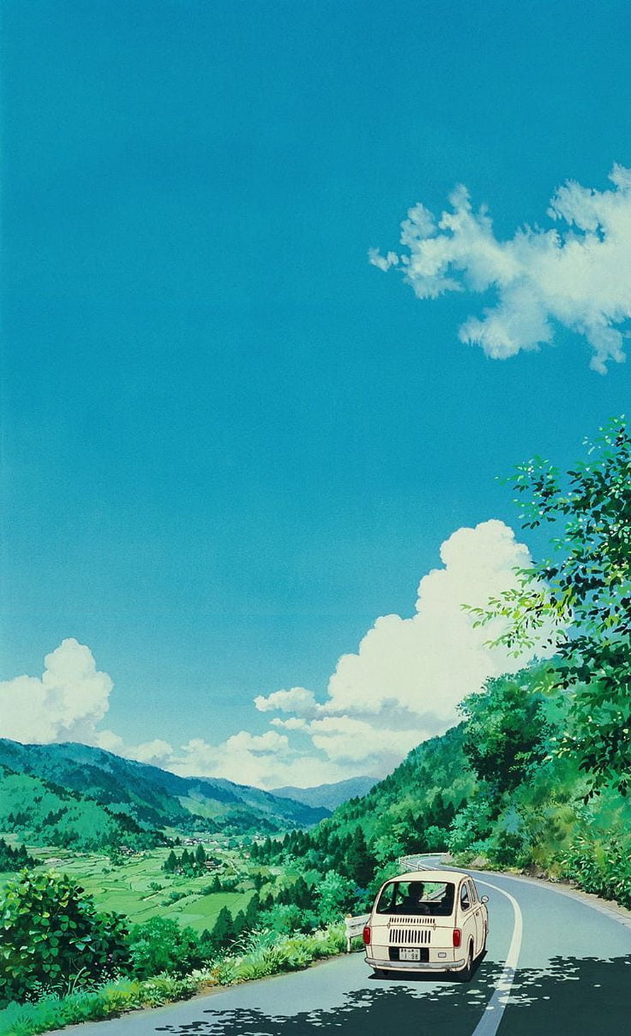 Anime Countryside Road with White Van and Lush Green Hills Under a Blue Sky HD phone wallpaper