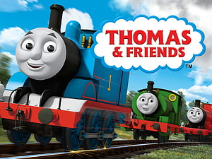Thomas and Friends Animated Locomotives Racing Along the Railway Tracks HD wallpaper