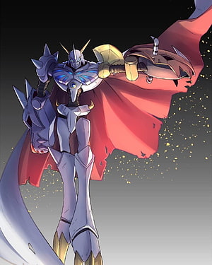 Omegamon anime fanart featuring armored knight with red cape and golden hammer HD phone wallpaper