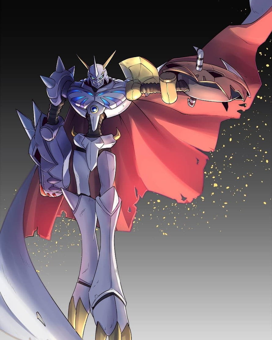 Omegamon anime fanart featuring armored knight with red cape and golden hammer HD phone wallpaper