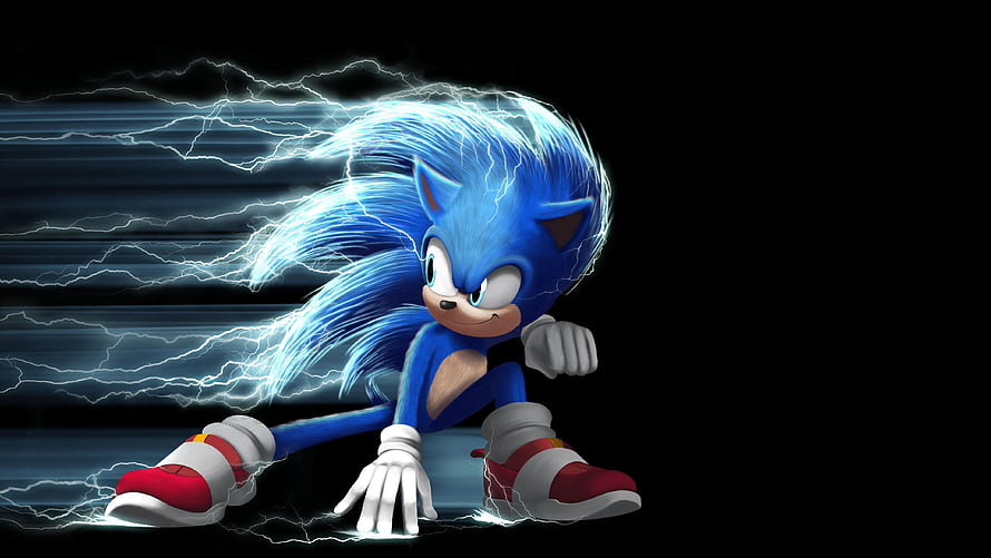 Sonic the Hedgehog in a Dynamic Crouching Pose Surrounded by Electric Blue Lightning HD wallpaper