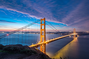 Golden Gate Bridge at Twilight with City Lights and Dramatic Sky HD wallpaper